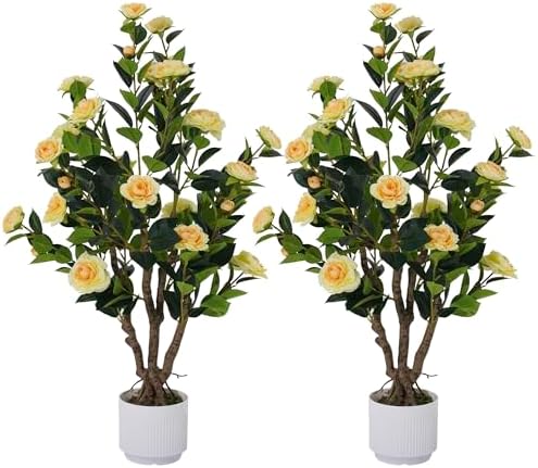 2 Pack Artificial Camellia Tree with White Pot, 38" Faux Potted Plants for Indoor Outdoor Decor, Tall Silk Greenery Plant for Home Offce Living Room Balcony, Yellow by Jcezvnt
