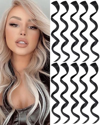 10 PCS Black Curly Wavy Clip-in Synthetic Hair Extensions for Women,17 Inch by Olldag