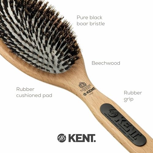 Kent PF07 Extra-Large 100% Boar Bristle and Non-Scratch Nylon Mix Cushion Brush - Wooden Detangling and Oval Smoothing Paddle Brush for Thin Hair - Made in England - Image 6