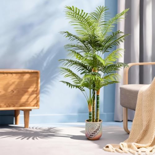 7FT Tall Golden Cane Artificial Palm Tree, Large Faux Palm Tree with 3 Textured Trunks, Outdoor Artificial Plants, Fake Tree for Indoor Office Living Room Outside Patio. - Image 3