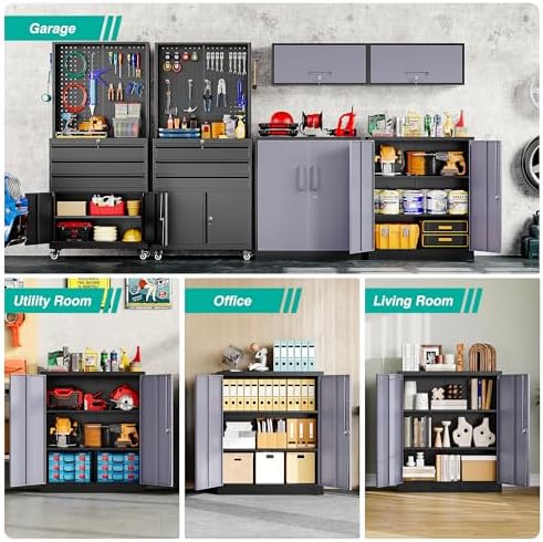 SISESOL Metal Storage Cabinet with Doors and Shelves,Garage Storage Cabinet with Lock,Black Grey Metal Cabinets with Locking Doors,Steel Cupboard for Home,Office,Garage Cabinets 36" H - Image 4