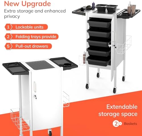 TASALON Upgraded Lockable 5-Tray Salon Cart with 2 Holders & Baskets, White - Image 5