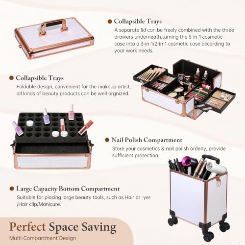 5 in 1 Rolling Makeup Train Case Professional Cosmetic Trolley Large Storage Organizer on Wheels for Hairstylist Artist Nail Beauty Salon Barber White - Gold Frame - Image 5