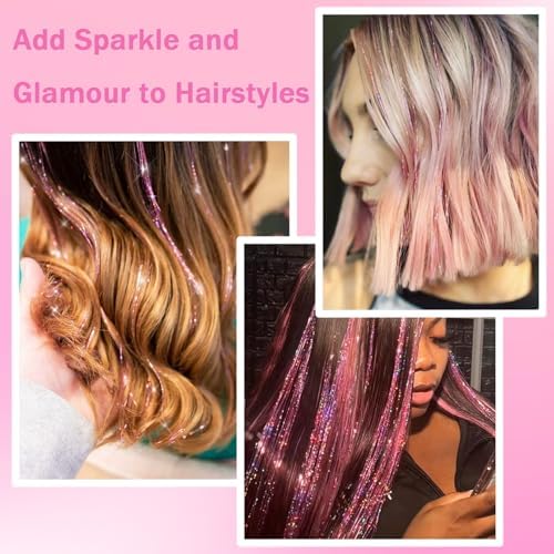 NIACONN Glitter Hair Tinsel Extensions Kit Pink with Tools and Beads, 48 Inch Sparkly Fairy Colorful Tensile Strands Shiny Hair Accessories for Women Girls Kids - Image 5