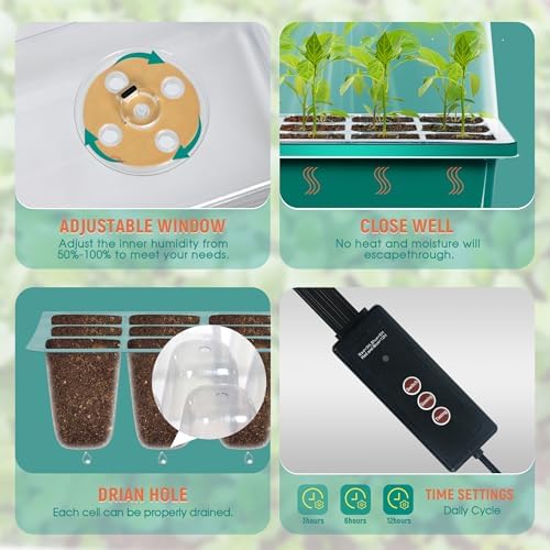 12-Set Seed Starter Tray with Grow Light, Seed Starting Trays Kits with Timing Controller Adjustable Humidity Domes Heightened Lids(12-Cells Per Tray) - Image 4