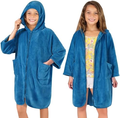 SUN CUBE Kids Hooded Towel Robe, Zip-Up Fleece Swim Cover Up, Ages 7-12 by SUNCUBE