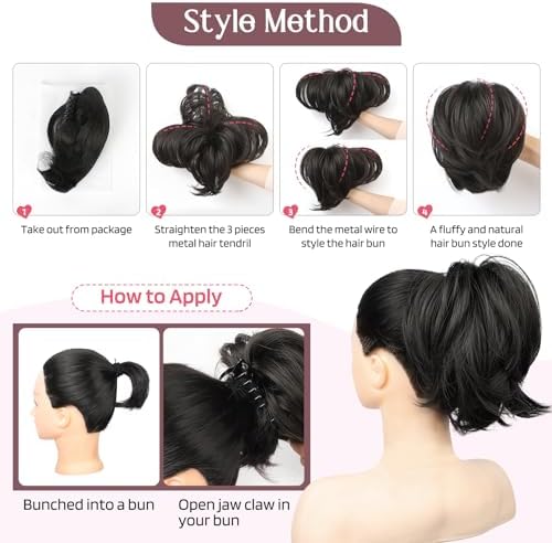 HOOJIH Messy Bun Hair Piece, Claw Clip in Straight Hair Bun 9 Inch Short Ponytail Extension with Bendable Metal Wire Hair Pieces for Women Fake Hair Bun DIY Styles - Black - Image 6