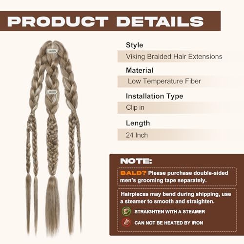 NTYNTY Viking Hair Extensions for Men – 24" Handcrafted Clip In Braided Ponytail Hairpiece for Halloween Viking Costume Renaissance Warrior Accessories - Ash Brown with Blonde Mixed - Image 2
