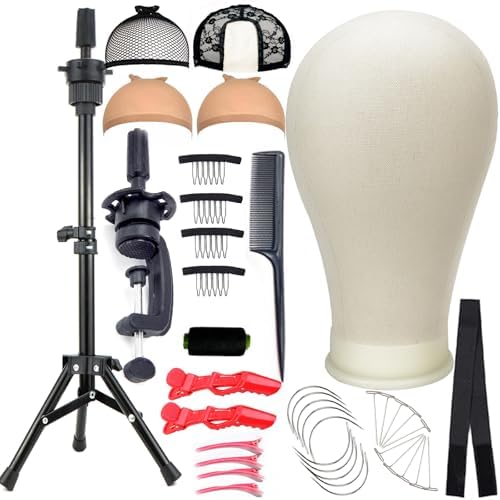 Wig Stand Tripod with Heads, Canvas Block Head Mannequin Head Stand Wigs Display Styling Head With Mount Hole for Wigs Making Display with Wig Caps, T Pins C Pins Set Bristle Brush by Simnient