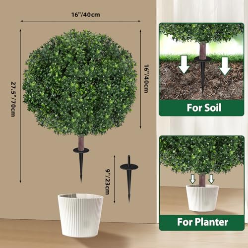27.5" Artificial Boxwood Topiary Ball Tree, Set of 2 Fake Bushes Shrubs with Ground Spike, UV Resistant Faux Evergreen Boxwood Trees for Front Porch Planters Outdoor Garden Decor - Image 4