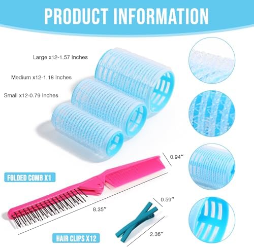 49 Pieces self- rip Hair Rollers Kit, 3 Sizes (0.79, 1.18, 1.57 in), Foldable Comb & 12 Duckbill Clips, Volumizing Curlers for Short/Medium/Long Hair, BLUE or BLACK randomly! - Image 4