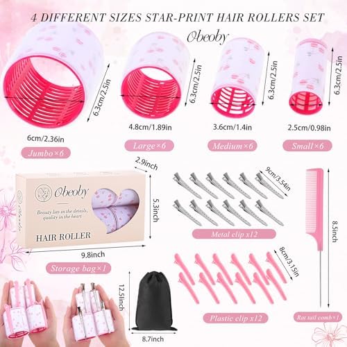 obeoby 4 Sizes Hair Rollers for Women Self-Grip Curlers Set, Cherry Print - Image 2
