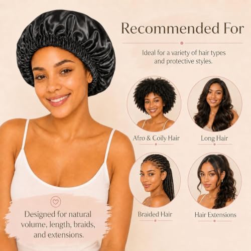 Women’s Satin Bonnet for Sleeping, Double Layer Sleep Cap, Black - Image 4
