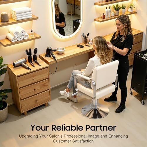 Salon Chair for Hair Stylist w/Heavy Duty Hydraulic Pump, 360° Swivel Spa Beauty Equipment for Hair Stylist Women Man, Hair Salon Barber Chair Beauty Barbering Chair, Load 441 Lbs (Beige-white+Sliver) - Image 3