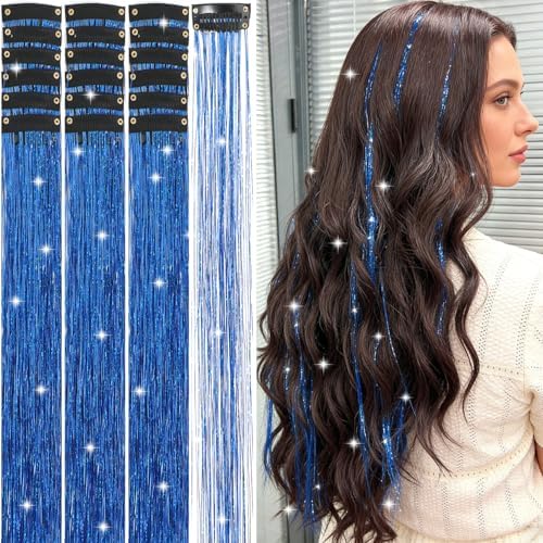 Hair Tinsel Kit 18 Pcs Hair Tinsel Clip in Fuller Sparkle, Heat Resistant Clip in Glitter Tinsel Hair Extensions Fairy Blue Hair Accessories for Women Girls Daily Party Festival (Sapphire Blue) by Unknown