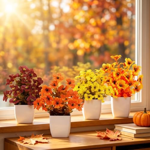 CEWOR 4 Pack Mini Fall Artificial Potted Plants, Fake Autumn Daisy Flowers with White Plastic Pots, Small Faux Floral Arrangement for Office Desk Bathroom Bedroom Table Decor - Image 4