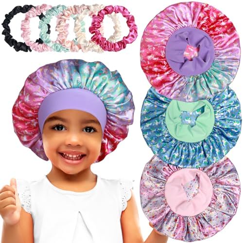 3pcs Satin Bonnets for Kids Sleeping, Cute Hair Bonnet with Scrunchies for Girls Curly Hair, E by Heniho