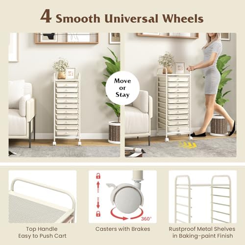 Giantex 10-Drawer Storage Cart w/Universal Wheel, Rolling Cart w/Handle, Home Organizer Storage Unit w/Removable Drawers, Trolley Utility Cart for Kitchen Makeup Living Room Office Play Room, Ivory - Image 7