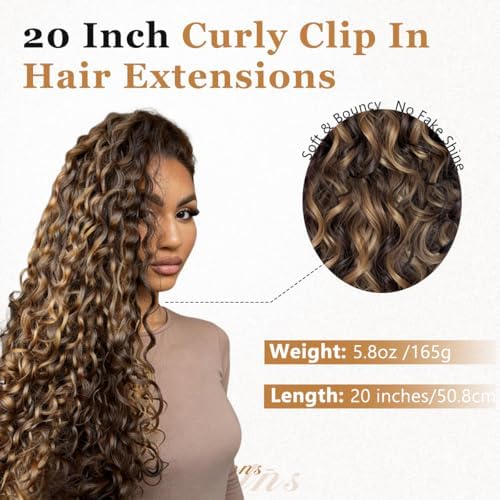 Vigorous Curly Clip In Hair Extensions,4PCS 20 inch Thick Curly Hair Extensions Lace Weft Clip Ins Invisible Natural Synthetic Hairpieces for Women,Chocolate Brown with Highlights（6H12） - Image 2