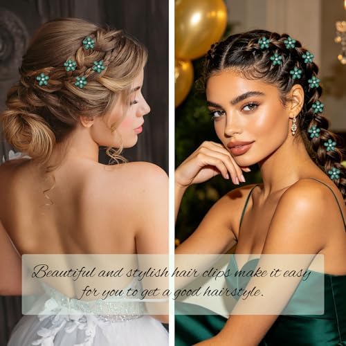 YISSION 20Pcs Mini Dark Green Plaid Flower Hair Clips, Rhinestone Decorative Hair Pins for Women and Girls Wedding Bridal Prom Daily Hairstyle Accessories - Image 2