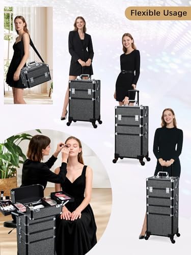Costravio 5 in 1 Rolling Makeup Case on Wheels Large Cosmetology Case Organizer Beauty Cosmetic Train Case Travel Nail Cart for Make-up Studio Hair Salon, Black Glitter - Image 5