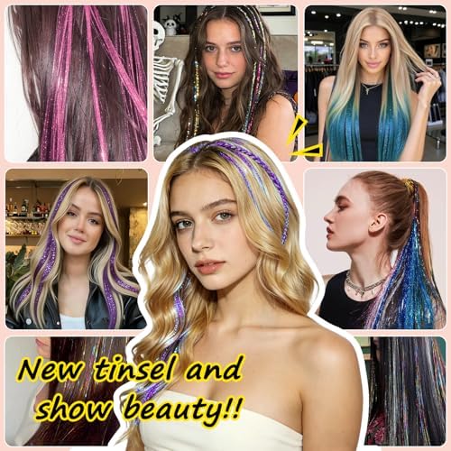 Leuceiy Hair Tinsel Clip in,Hair Accessories Tinsel Hair Extensions for Girls Pack of 6 Pcs 20 Inch,Fairy Hair Tinsel Kit,Heat Resistant New Years Festival Party - Image 6