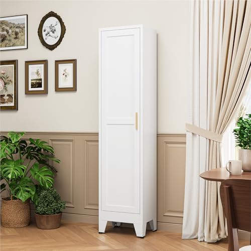 YAUWOH Narrow Metal Storage Cabinet, Tall Freestanding Cabinet with 4 Adjustable Shelves & Barn Doors, Pantry Organizer for Bathroom Kitchen Home Office Dining Room（1PC,White） - Image 2