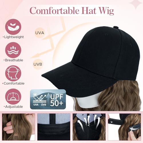SEGO Baseball Cap with Hair Extensions for Women Heat Resistant Synthetic 8" Adjustable Long Curly Hairpiece Replacement Wigs in Black Hat for Girls 10P22T Medium Brown Mix Dark Blonde - Image 2