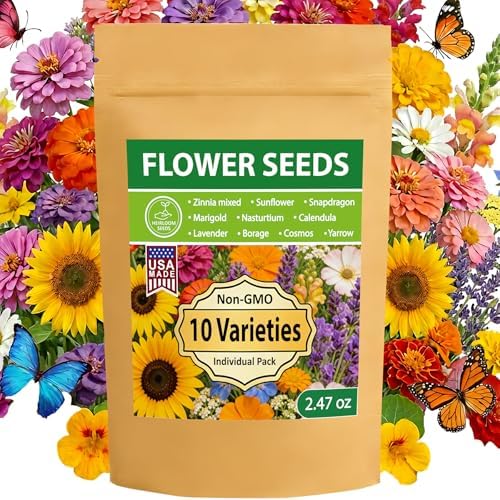 10 Varieties Flower Seeds in Individual Packs, 66,600+ Non-GMO Seeds Indoor Outdoor, Includes Zinnia Lavender Sunflower Marigold Cosmos Nasturtium Snapdragon Borage Yarrow Calendula, Wildflower Seeds by LUOJIBIE