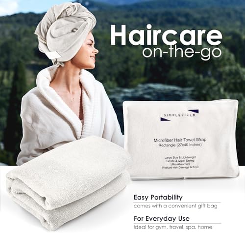 SimpleField Large Microfiber Hair Towel Wrap (27x40 Inches) for Women, Anti-Frizz Flat Rectangle Drying Towel with Full Hair Coverage Design, Elastic Band for Long, Curly and Thick Hair (Beige) - Image 6