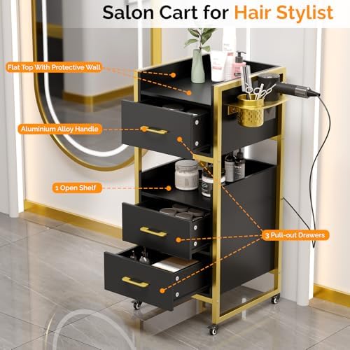OmySalon Salon Trolley Cart, Hair Styling Station with 3 Drawers, 2 Open Shelf & Tool Holders, Mobile Barber Storage Cabinet Utility Trolley for Beauty Salon Spa,Black - Image 3
