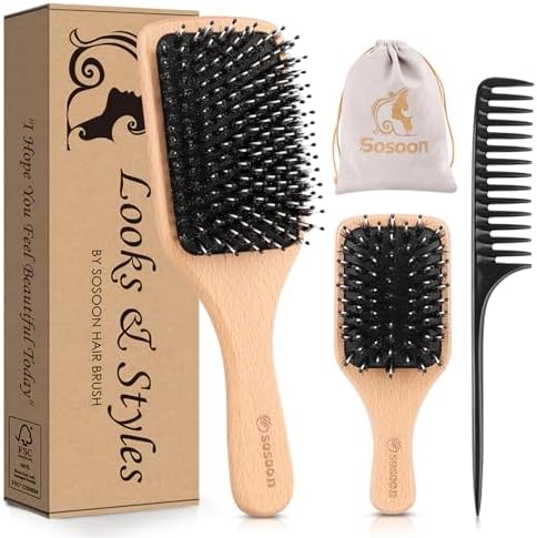Hair Brush, 2 Pack Boar Bristle Paddle Hairbrush for Women Men Kids Reducing Frizzy, No More Tangle, Small Travel Brush Tail Comb & Giftbox Included by Sosoon