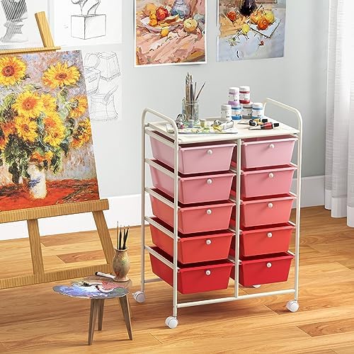 Giantex 10 Drawers Rolling Cart, Classroom Organizers, Storage Cart with Wheels, for Teacher Office Home School Supplies Tool Craft Art Paper, Pink Gradient - Image 4