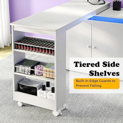 L-Shaped Manicure Table with Large Storage & LED Light (White) - Image 4