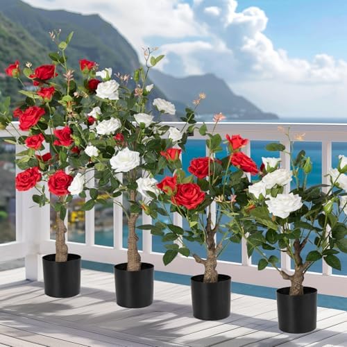 24’’ Artificial Rose Tree, 2 Pack Faux Rose Plants with White Flowers and Green Leaves, 2FT Silk Potted Tree for Indoor Outdoor Home Office Porch Garden Decor, White - Image 7