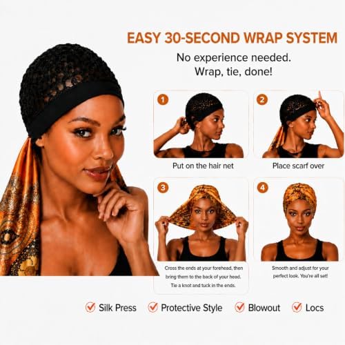 2 in 1 Wrap Cap Hair Net and Scarf for Silk Press, Satin Wrap Cap Bonnet for Women, Adjustable Stay-On Sleep Hair Net Scarf for All Hair Types - Image 6
