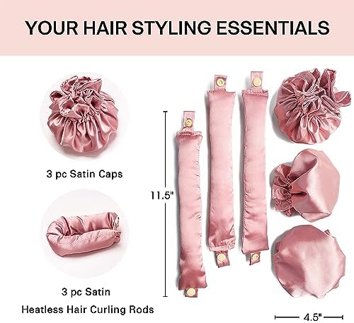 3Sets/6PCS Ariuvor New Satin Heatless Hair Curler,Hair Rollers for Heatless Curls with Hair Caps,Soft Heatless Curling Rod Headband for Long Hair,No Heat Curling to Sleep in Overnight (pink) - Image 2