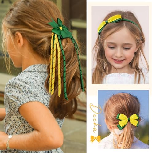 DEEKA Yellow & Green School Hair Accessories Set 13 Pcs Uniform Hair Bow Headband Clips Hair Ties Curly Korker Bows for Little Toddler School Girls (Yellow&Green) - Image 4
