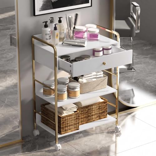 Salon Rolling Trolley with Lockable Wheels Barber Cart with Storage Drawer Mobile Hair Station Cabinet for Beauty Makeup Esthetician Spa Massage (White+one Drawer+Two Shelves) - Image 7