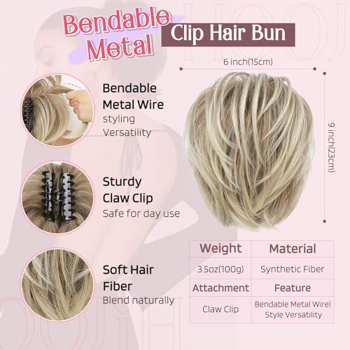 HOOJIH Messy Bun Hair Piece, Claw Clip in Straight Hair Bun 9 Inch Short Ponytail Extension with Bendable Metal Wire Hair Pieces for Women Fake Pony DIY Styles - Light Ash Brown with Blonde mixed - Image 2