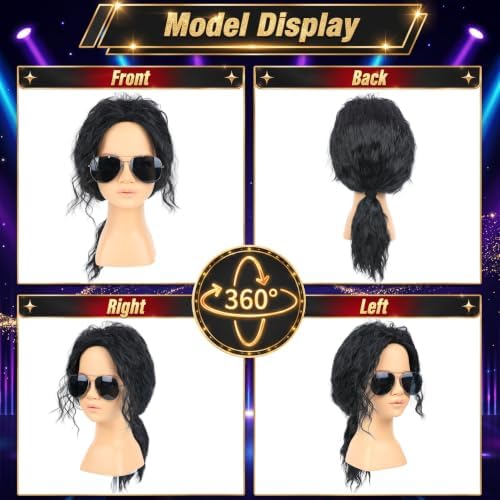 Kids Black Ponytail Wig with Glasses & Gloves for 80s Disco Rock Costume - Image 2