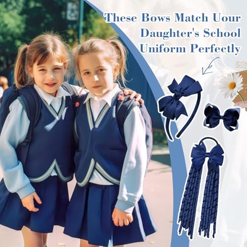 DEEKA Navy Blue School Hair Accessories Set 13 Pcs Uniform Hair Bow Headband Clips Hair Ties Curly Korker Bows for Little Toddler School Girls (Navy) - Image 3