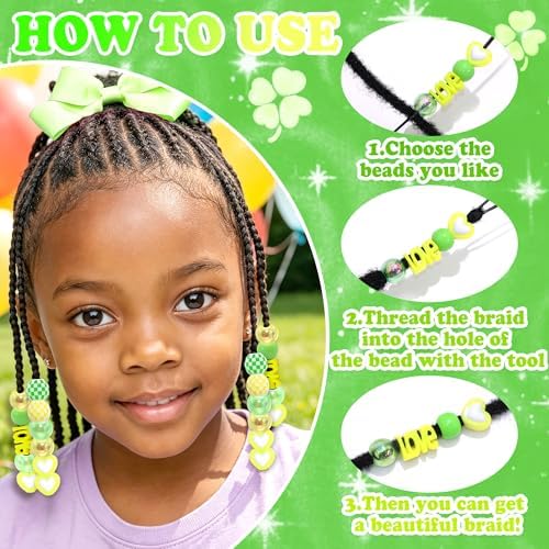 NAISKA 88PCS Green Yellow Hair Beads 10 Styles Beads for Hair Cute Braids Bead Dreadlock Jewelry Cute Braids Accessories for Kids Girls - Image 5