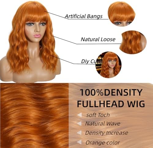 Sebast Pastel Bob Wigs with Bangs for Women Loose Wavy Wig Pastel Wavy Shoulder Length Bob Synthetic Cosplay Wig for Girl Colorful Costume Wigs (Orange) - Image 3