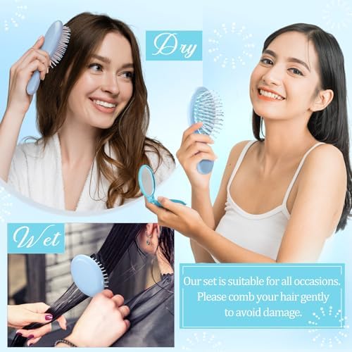 Meanplan 24 Pcs Mini Hair Brush Set 12 Travel Wet Dry Hair Combs Pocket Detangling 12 Compact Folding Makeup Mirrors for Spa Sleepover Birthday Bridal Shower Bachelorette Christmas Party Gift(Blue) - Image 6