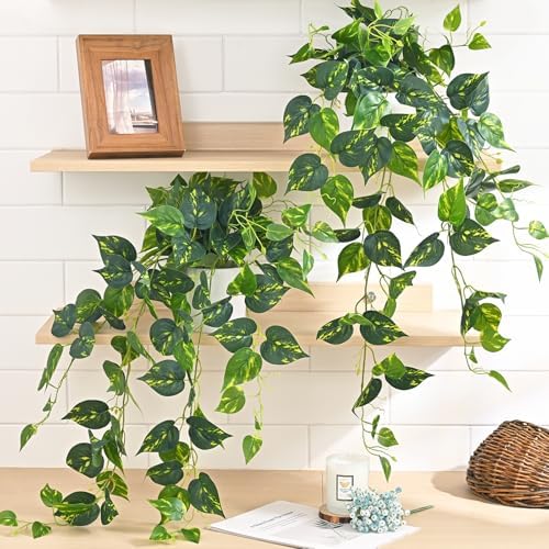 Fake Plants, Artificial Plants Indoor, 34" Fake Hanging Pothos Vines, 2PCS by Waipfaru