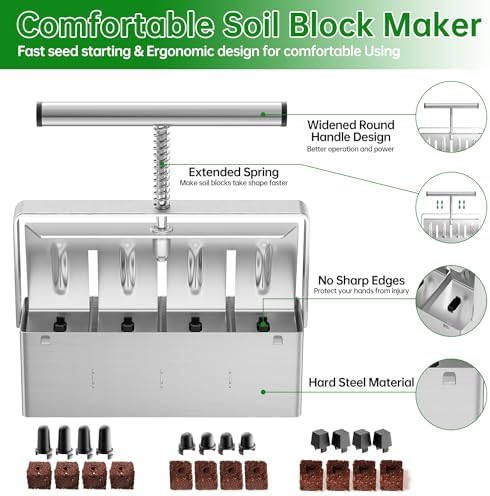 Soil Blocker, 4 Cell Soil Block Maker 2 Inch with 3 Sizes Seed Pins, Seed Handheld Block Maker with Comfortable Handle, Garden Blocking Tools for Seedings, Cuttings, Greenhouses - Image 3
