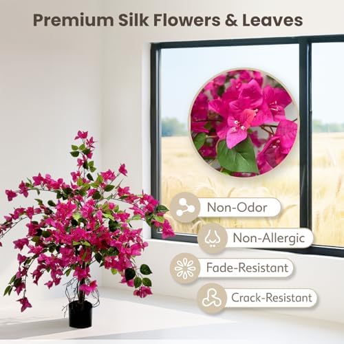 3FT Artificial Bougainvillea Tree – Realistic Faux Bougainvillea Tree with Pink Silk Flowers, Lifelike Artificial Flowering Plant in Pot for Indoor Outdoor Home, Living Room, Porch, Patio Decor - Image 2