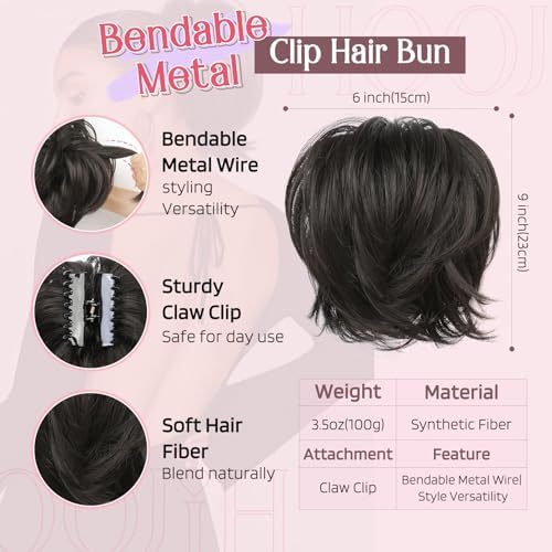 HOOJIH Messy Bun Hair Piece, Claw Clip in Straight Hair Bun 9 Inch Short Ponytail Extension with Bendable Metal Wire Hair Pieces for Women Fake Hair Bun DIY Styles - Black Brown - Image 2