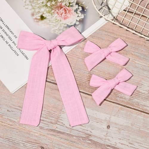 DEEKA Light Pink Cotton Linen Hair Bows 2 Sizes 5"&3.5" Soft Hair Bow set for Toddler Girls Long Ponytail Knot Bows Alligator Clip Hair Accessories for Little School Girls (Light Pink) - Image 5